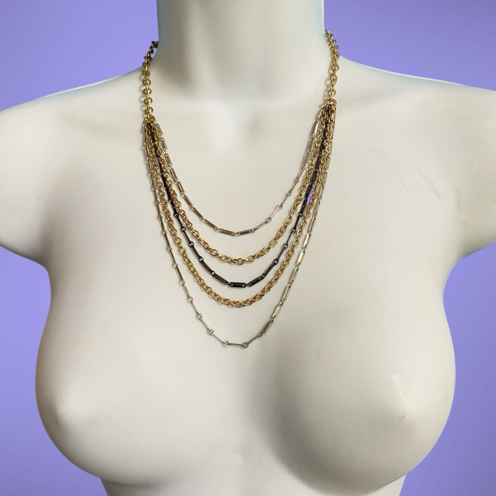 Mixed Metals Layered Chain Necklace Gold Silver Gunmetal Tone